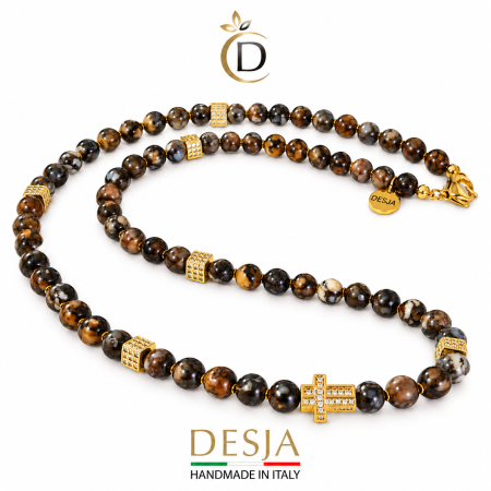 Collana rosario uomo Royal Opal DESJA con pietre dure da 6 mm e croce color oro