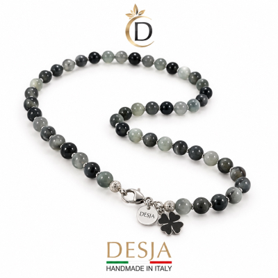 Collana donna occhio di falco Black Clover DESJA con pietre grigie verdi e nere e charm a quadrifoglio